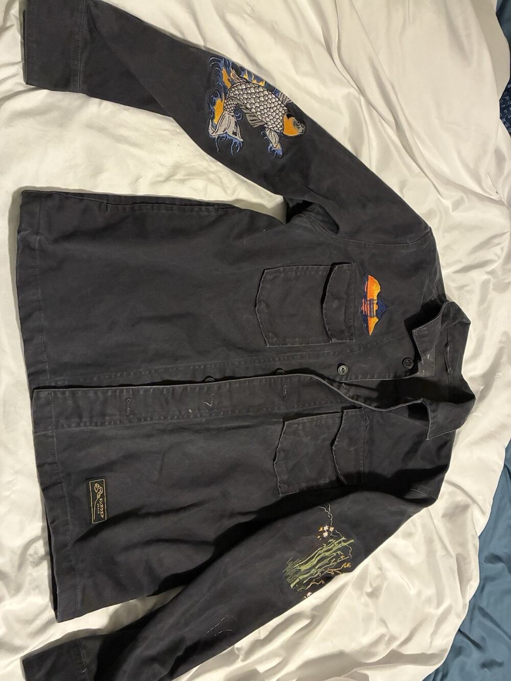 Rare Zara Man Denim Embroidered Indigo Blue Men’s Size Xl Jacket Chore Coat